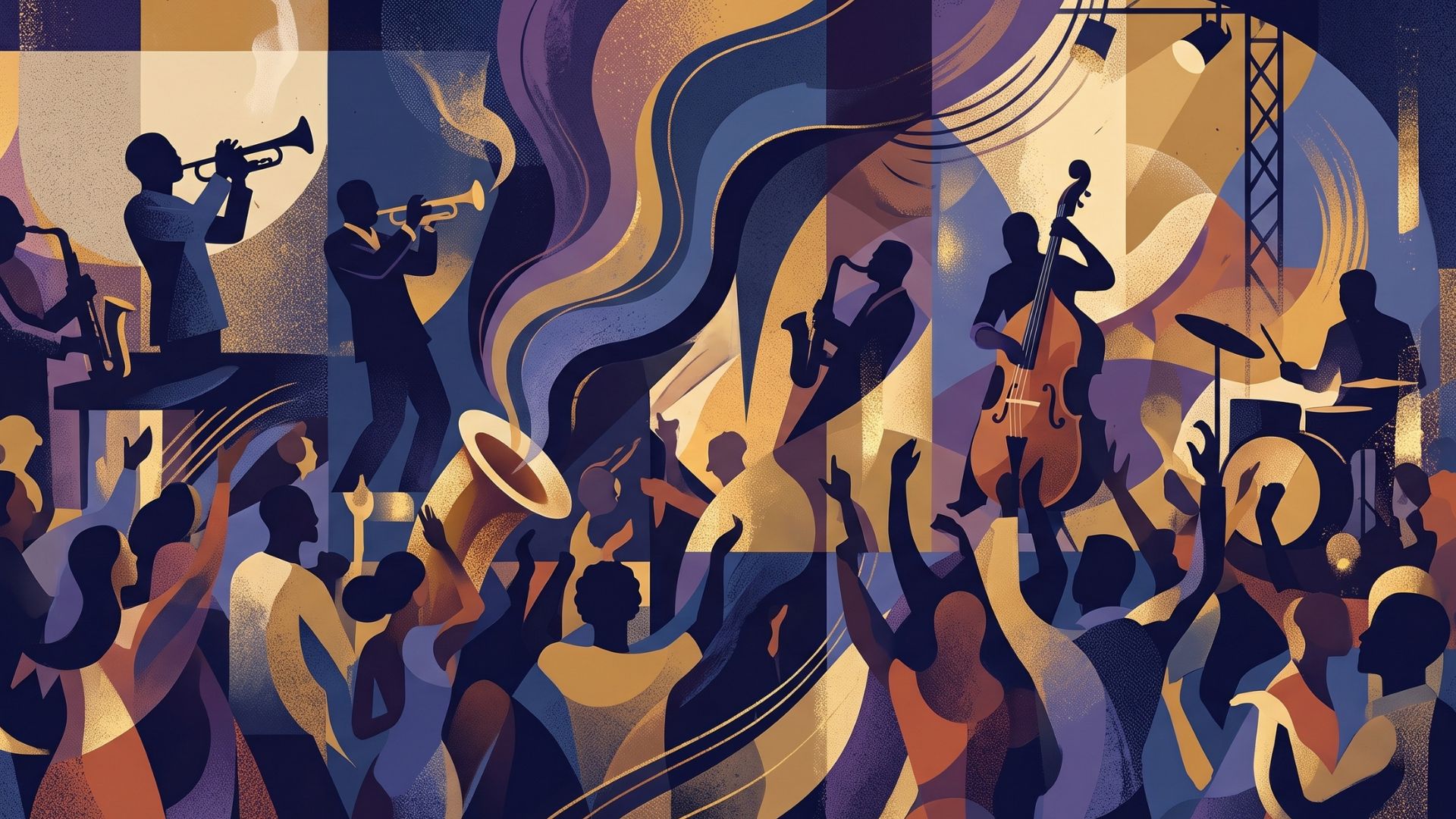 Multitud de personas disfrutando de un animado concierto de jazz en directo al aire libre, con los músicos en el escenario bajo luces festivas